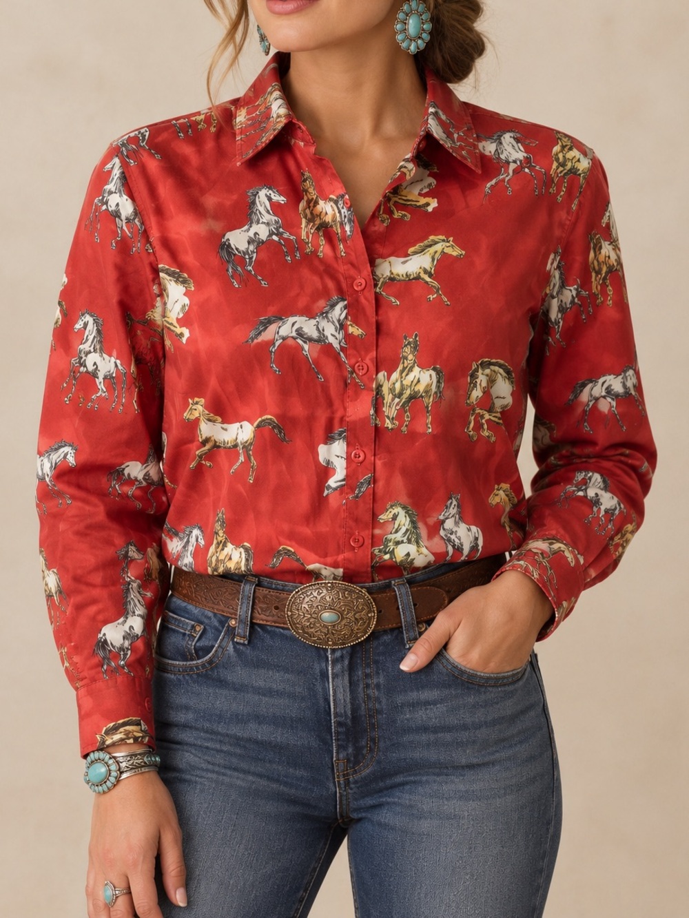 Mazik Equestrian Horse Satin Button Down shirt burnt orange L Western Boho